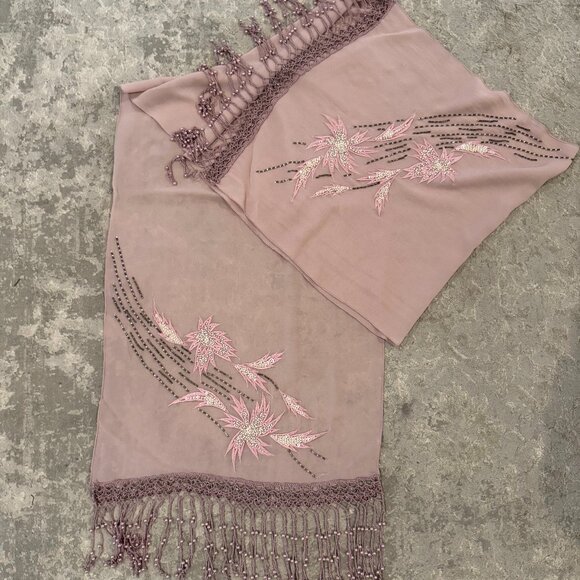 Sue Wong SILK Scarf Dress Shawl Pink Mauve Hand Beaded Long runner Fancy #Q - Picture 1 of 11